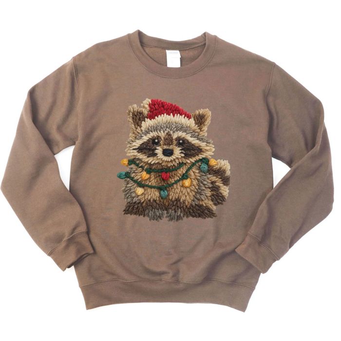 Faux Latch Hook Rug Raccoon Holiday Design - Comfy Drop Shoulder Sweathshirt