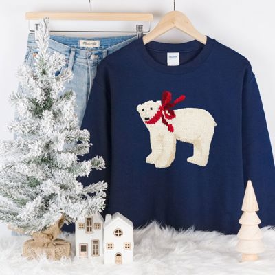 Adorable Faux Knitted Polar Bear With Christmas Ribbon - Comfy Drop Shoulder Sweatshirt
