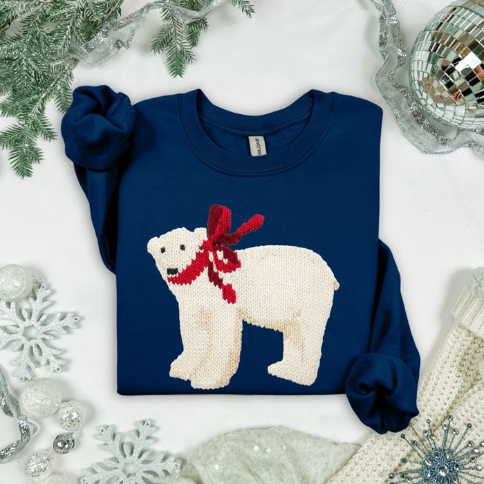 Adorable Faux Knitted Polar Bear With Christmas Ribbon - Comfy Drop Shoulder Sweatshirt