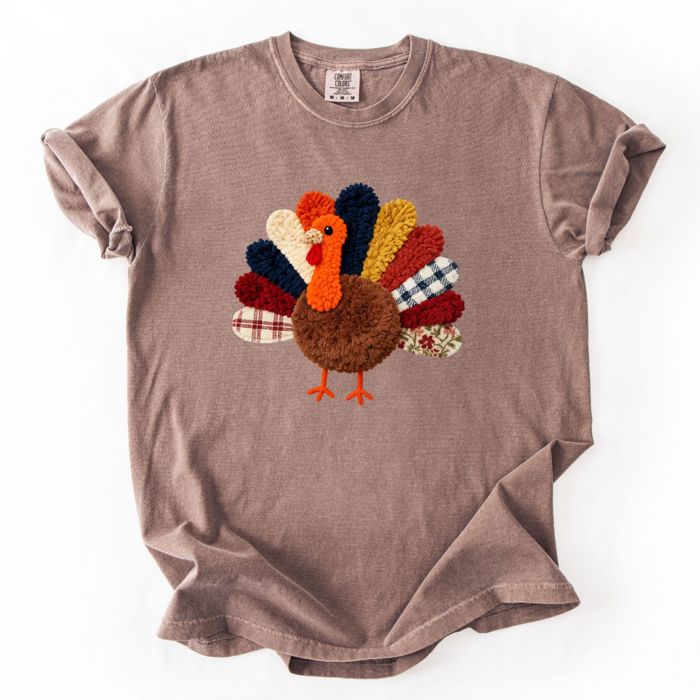Faux (PRINTED) Latch Hook Rug Style Turkey For Thanksgiving - T-Shirt (Crewneck)  100 Cotton Heavyweight Tee (Unisex)  Comfort Colors