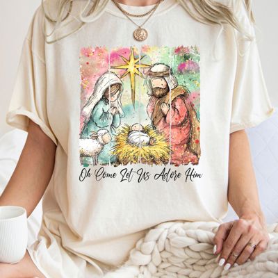 Come Let Us Adore Him - Nativity - Handdrawn - Christmas - T-Shirt (Crewneck)  100 Cotton Heavyweight Tee (Unisex)  Comfort Colors