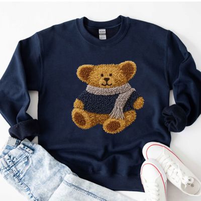 Faux Vintage Latch Hook Style Winter Teddy Bear - Sweatshirt (Crewneck)  Poly-Cotton Colors (Unisex)  Gildan
