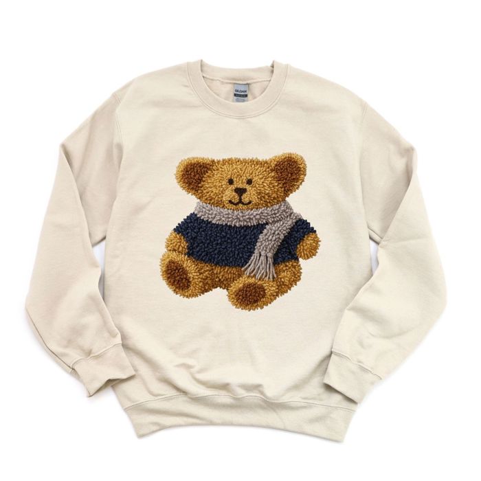 Faux Vintage Latch Hook Style Winter Teddy Bear - Sweatshirt (Crewneck)  Poly-Cotton Colors (Unisex)  Gildan