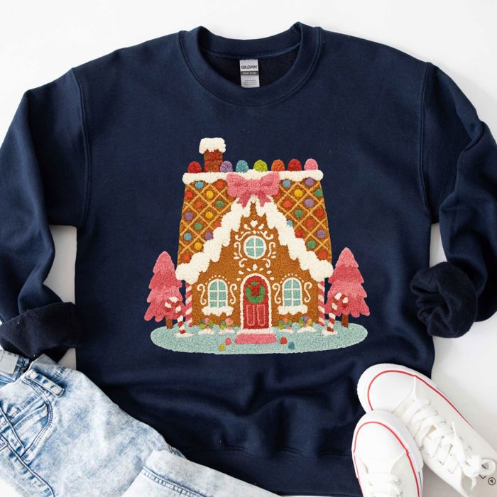 Faux Latch Hook Gingerbread House - Sweatshirt (Crewneck)  Poly-Cotton Colors (Unisex)  Gildan