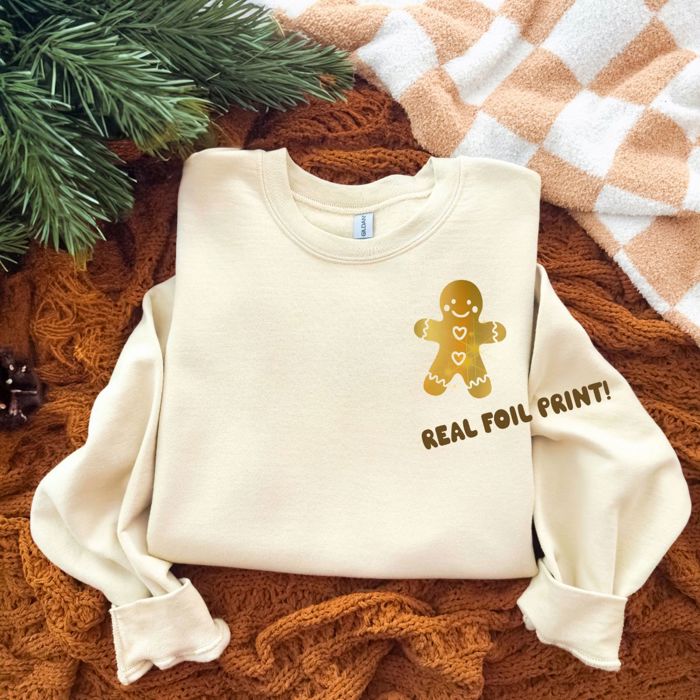 Real Gold Foil Corner Gingerbread Man For Christmas - Comfy Drop Shoulder Style Sweatshirt
