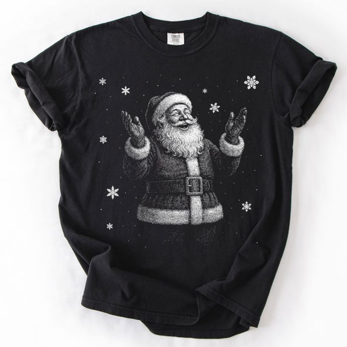 Jolly Christmas Santa In The Snow Half Tone Style Print - T-Shirt (Crewneck)  100 Cotton Heavyweight Tee (Unisex)  Comfort Colors