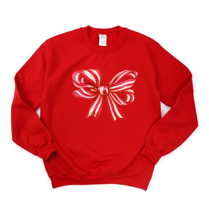 Red Candy Cane Striped Christmas Bow - Sweatshirt (Crewneck)  Poly-Cotton Colors (Unisex)  Gildan