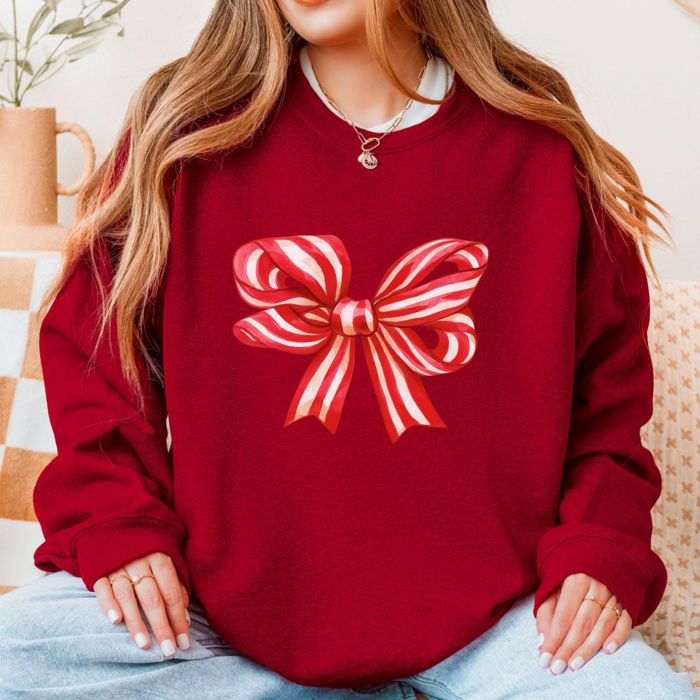 Red Candy Cane Striped Christmas Bow - Sweatshirt (Crewneck)  Poly-Cotton Colors (Unisex)  Gildan