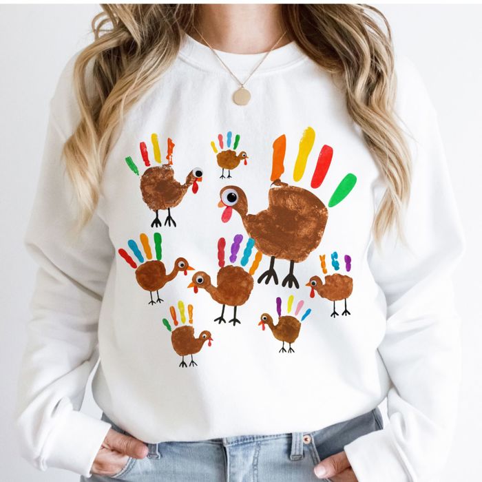FAUX Hand Painted Kids Craft Turkeys - Sweatshirt (Crewneck)  Poly-Cotton Colors (Unisex)  Gildan