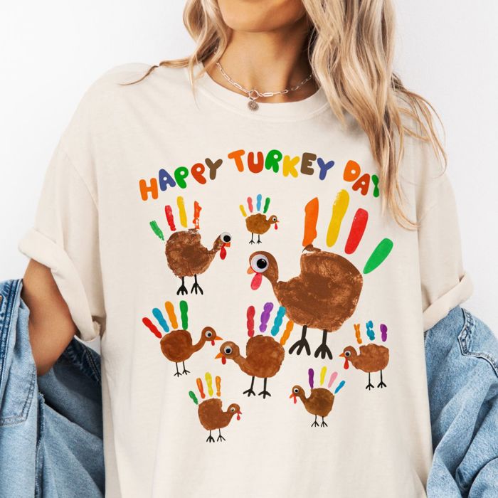 Happy Turkey Day  Faux Hand Painted Turkeys For Thanksgiving - T-Shirt (Crewneck)  100 Cotton Heavyweight Tee (Unisex)  Comfort Colors
