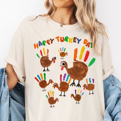 Happy Turkey Day  Faux Hand Painted Turkeys For Thanksgiving - T-Shirt (Crewneck)  100 Cotton Heavyweight Tee (Unisex)  Comfort Colors