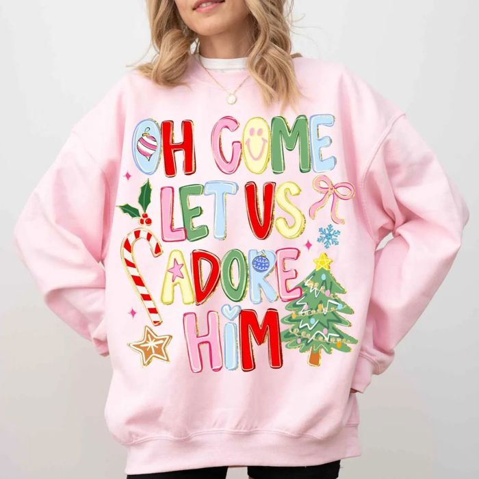 Oh Come Let Us Adore Him Colorful Christian Christmas Faux Glitter - Comfy Sweatshirt