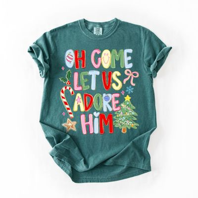 Oh Come Let Us Adore Him Colorful and Cute - T-Shirt (Crewneck)  100 Cotton Heavyweight Tee (Unisex)  Comfort Colors