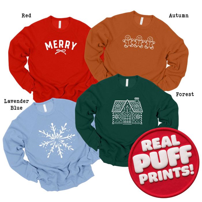 ALL Real PUFF Christmas Prints Ultra Soft Bella Canvas Christmas Sweaters, Sponge Fleece Sweatshirts 