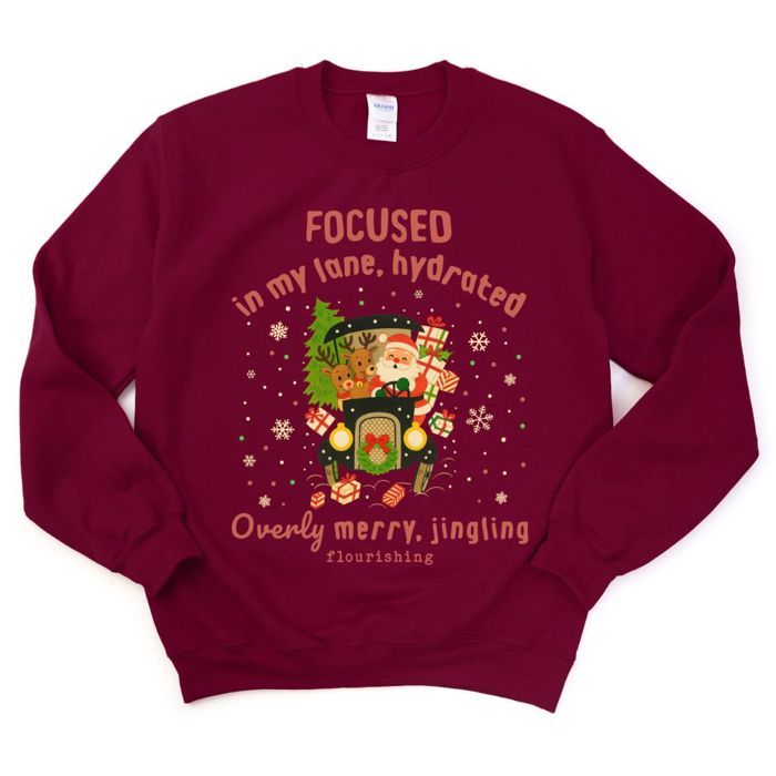 Focused,In My Lane, Hydrated, Overly Merry, Jingling, Flouring Funny Vintage Christmas Santa Claus - Comfy Drop Shoulder Sweatshirt