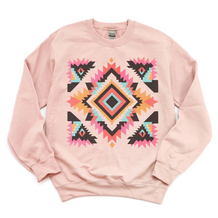 Colorful Aztec  Design On A Cozy Drop Shoulder Sweatshirt