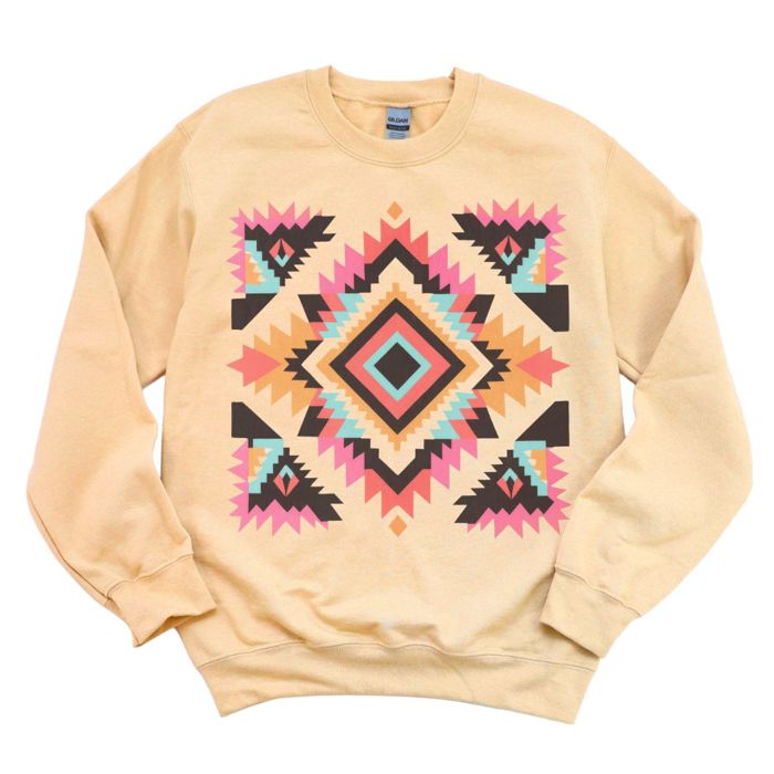 Colorful Aztec  Design On A Cozy Drop Shoulder Sweatshirt