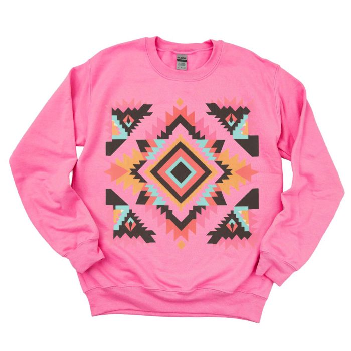 Colorful Aztec  Design On A Cozy Drop Shoulder Sweatshirt