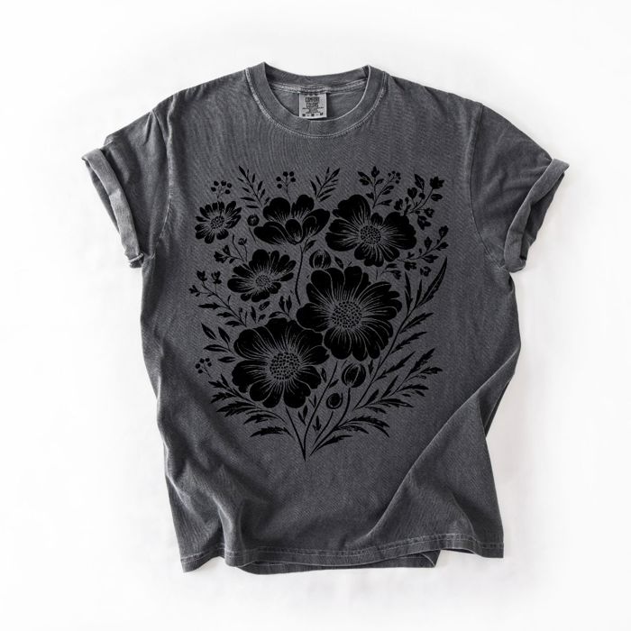 Black Floral Whimsical Print - T-Shirt (Crewneck)  100 Cotton Heavyweight Tee (Unisex)  Comfort Colors