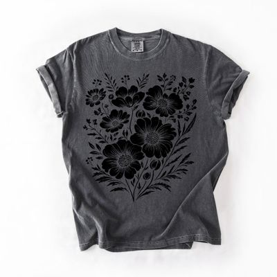 Black Floral Whimsical Print - T-Shirt (Crewneck)  100 Cotton Heavyweight Tee (Unisex)  Comfort Colors