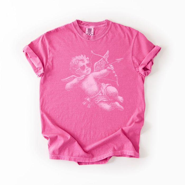Cupid With Bow Valentines Day Half Tone - T-Shirt (Crewneck)  100 Cotton Heavyweight Tee (Unisex)  Comfort Colors
