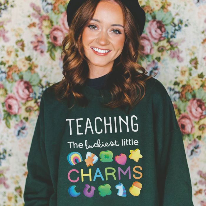 Teaching The Luckiest Little Charms - St Patricks Day - T-Shirt (Crewneck)  100 Cotton Heavyweight Tee (Unisex)  Comfort Colors, Sweatshirt (Crewneck)  Poly