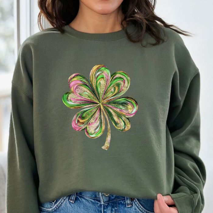 FAUX Printed Glitter Shamrock St Patricks Day - Choose Sweatshirt, T-Shirt or V-Neck
