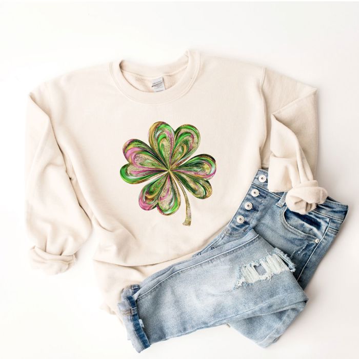 FAUX Printed Glitter Shamrock St Patricks Day - Choose Sweatshirt, T-Shirt or V-Neck