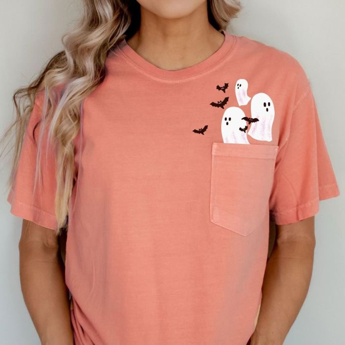 Happy Halloween Fall Harvest Ghosts & Bats - Pocket Tee Soft Washed Heavyweight (Unisex) Comfort Colors
