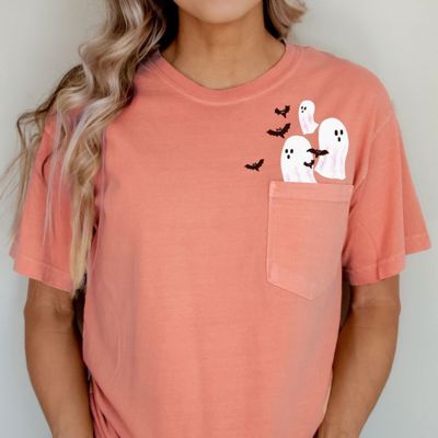 Happy Halloween Fall Harvest Ghosts & Bats - Pocket Tee Soft Washed Heavyweight (Unisex) Comfort Colors