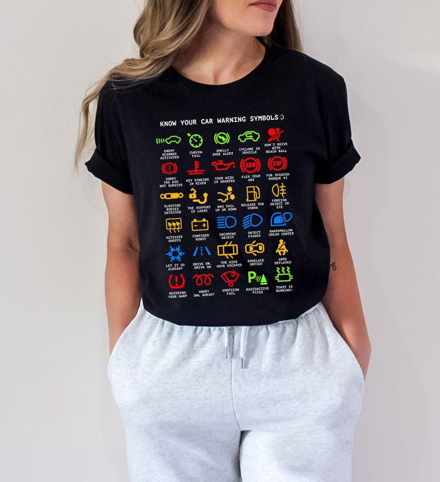 Funny Translation of Car Warning Lights Soft Cozy Longer Length Unisex Graphic Tee T-shirt