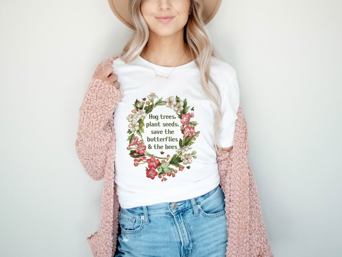 Hug Trees Plant These Save Bees Wildflower Vintage Floral Flower Frame Style Soft Cozy Longer Length Unisex Graphic Tee T-shirt