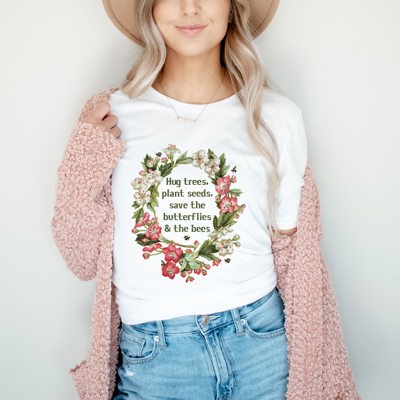 Hug Trees Plant These Save Bees Wildflower Vintage Floral Flower Frame Style Soft Cozy Longer Length Unisex Graphic Tee T-shirt