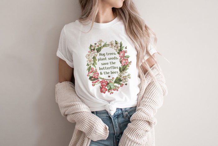 Hug Trees Plant These Save Bees Wildflower Vintage Floral Flower Frame Style Soft Cozy Longer Length Unisex Graphic Tee T-shirt