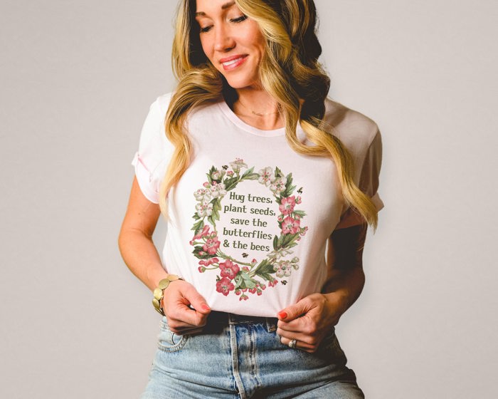 Hug Trees Plant These Save Bees Wildflower Vintage Floral Flower Frame Style Soft Cozy Longer Length Unisex Graphic Tee T-shirt