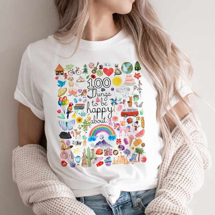 100 Things to be Happy About Optimism Kindness Happiness Joy Share Soft Cozy Longer Length Unisex Graphic Tee T-shirt