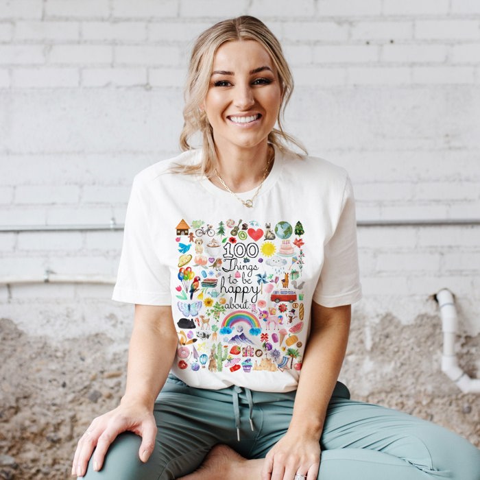 100 Things to be Happy About Optimism Kindness Happiness Joy Share Soft Cozy Longer Length Unisex Graphic Tee T-shirt