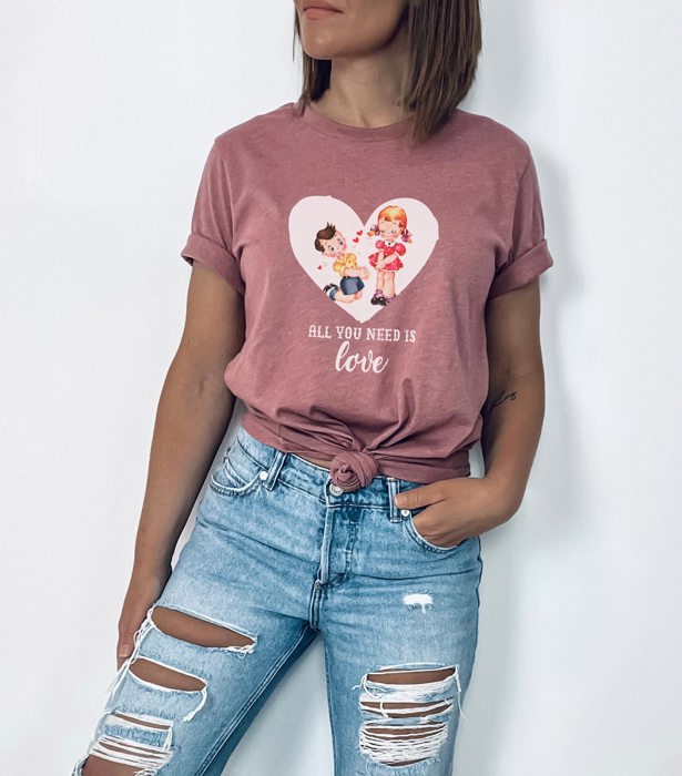 All You Need is Love Vintage Valeintines Day Card Valentines Soft Cozy Longer Length Unisex Graphic Tee T-shirt