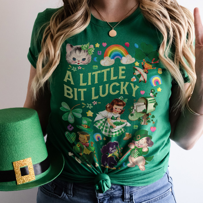 A Little Bit Lucky Vintage Retro St. Patrick's Day Charm Soft Cozy Longer Length Unisex Graphic Tee T-shirt