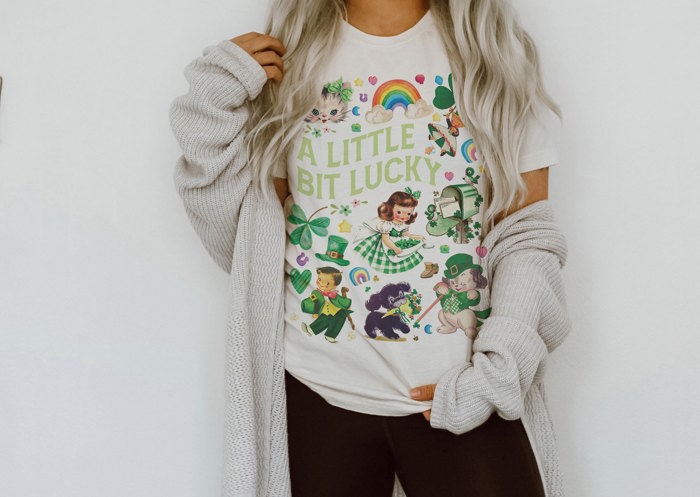 A Little Bit Lucky Vintage Retro St. Patrick's Day Charm Soft Cozy Longer Length Unisex Graphic Tee T-shirt