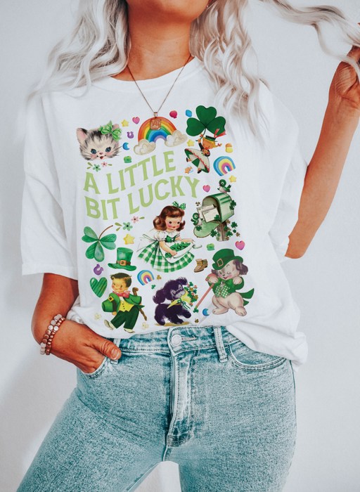 A Little Bit Lucky Vintage Retro St. Patrick's Day Charm Soft Cozy Longer Length Unisex Graphic Tee T-shirt