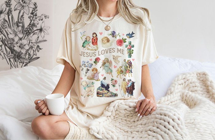 Jesus Loves Me Vintage Bible Images Life of Jesus Collage 1950's Style Art Super Comfort Heavyweight Premium Tees | Unisex Sizing