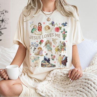 Jesus Loves Me Vintage Bible Images Life of Jesus Collage 1950's Style Art Super Comfort Heavyweight Premium Tees | Unisex Sizing