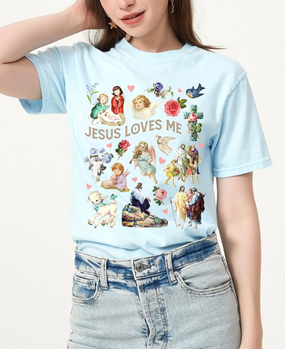 Jesus Loves Me Vintage Bible Images Life of Jesus Collage 1950's Style Art Super Comfort Heavyweight Premium Tees | Unisex Sizing