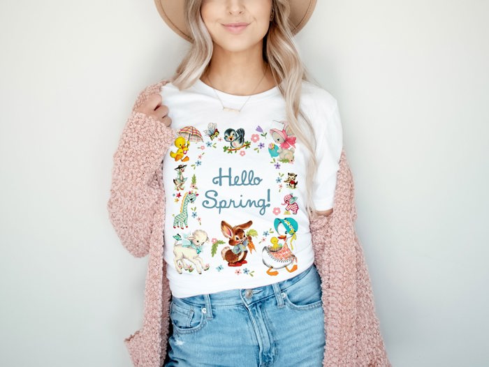 Hello Spring! Vintage Baby Animals Graphic Tee Wave