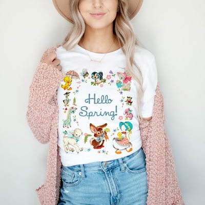 Hello Spring! Vintage Baby Animals Graphic Tee Wave