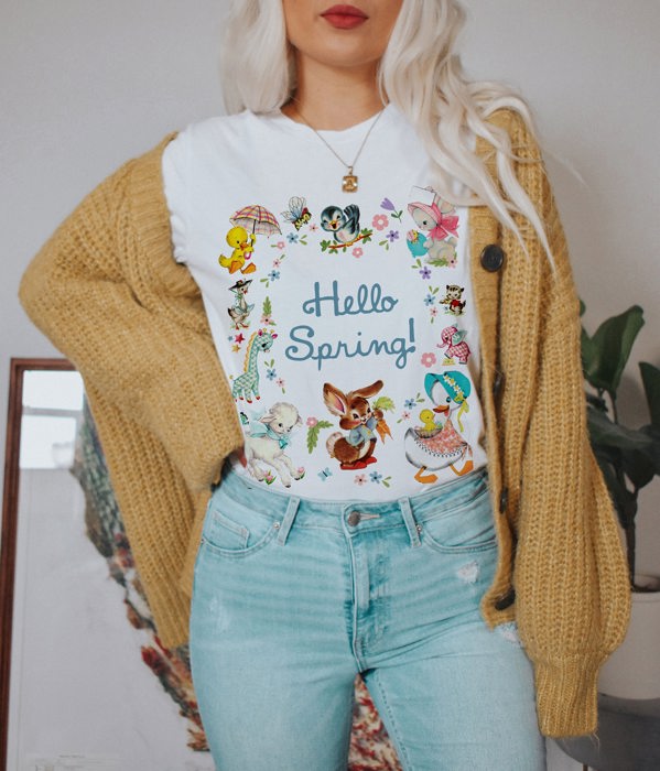 Hello Spring! Vintage Baby Animals Graphic Tee Wave