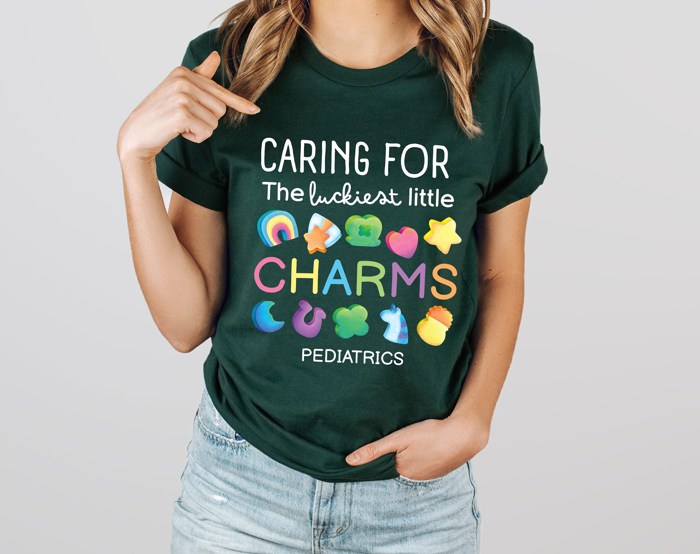 Caring for the Luckiest Little Charms St. Patrick's Day Pediatrics Peds Nurse Soft Cozy Longer Length Unisex Graphic Tee T-shirt