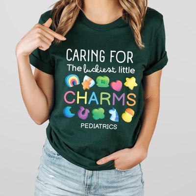 Caring for the Luckiest Little Charms St. Patrick's Day Pediatrics Peds Nurse Soft Cozy Longer Length Unisex Graphic Tee T-shirt