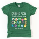  Caring for the Luckiest Little Charms St. Patrick's Day Pediatrics Peds Nurse Soft Cozy Longer Length Unisex Graphic Tee T-shirt